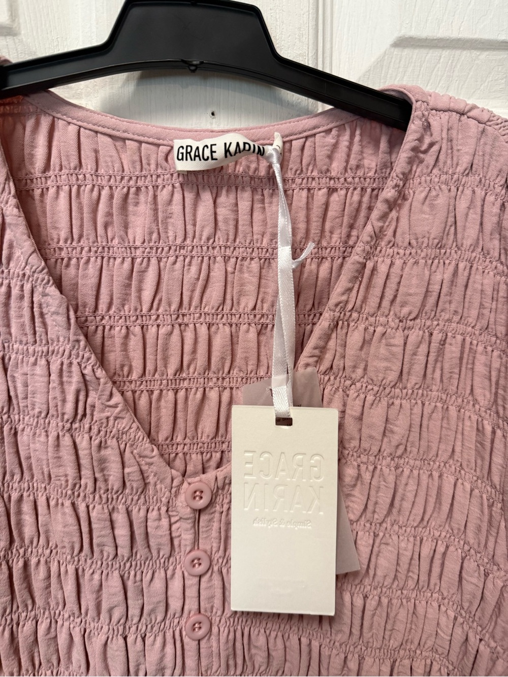 Grace Karin Dusty Rose Smocked V-Neck Long Sleeve Midi Dress - Picture 2 of 2